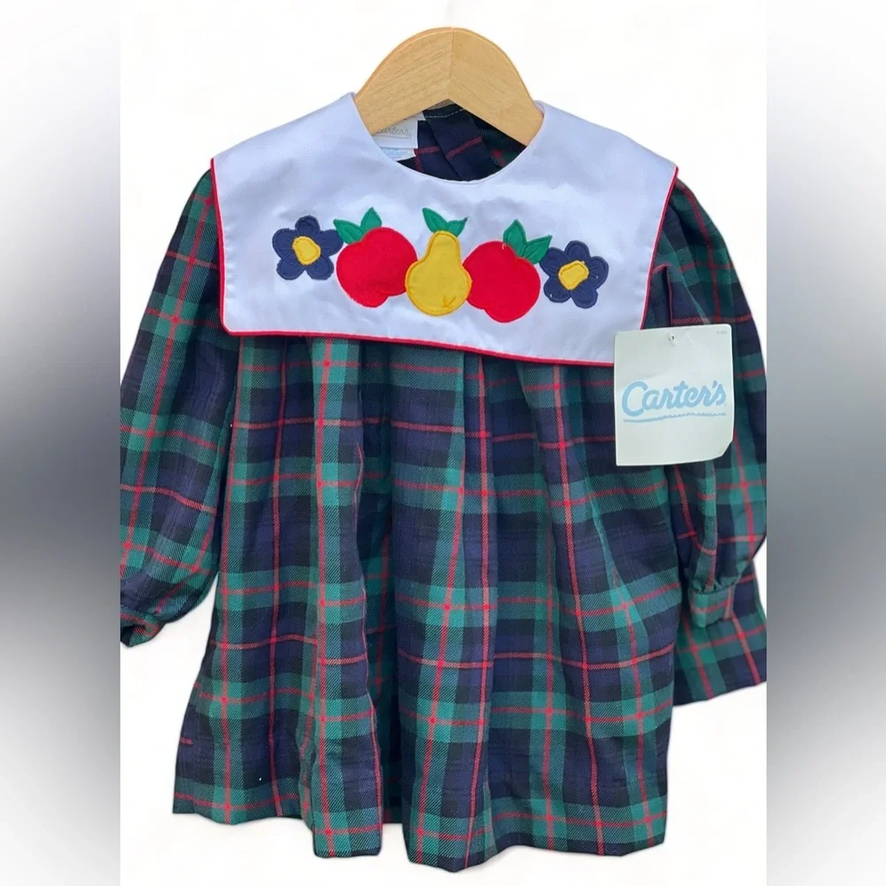 Carters Vintage Plaid Appliqué Bib Dress NWT